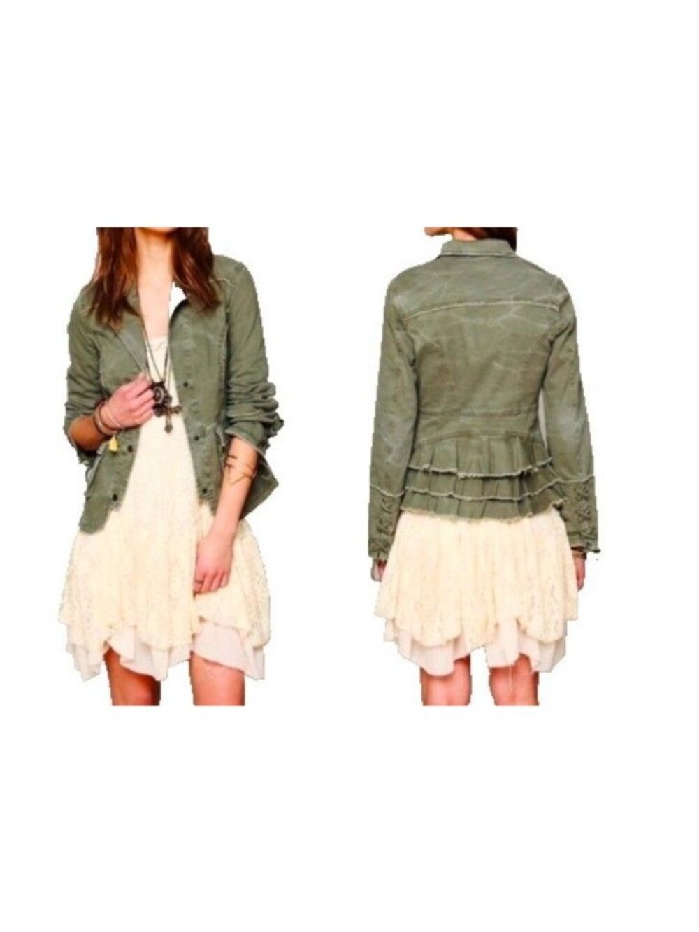 Free People Womens Size L Military Jacket Ruffle-Back Army Green Distressed